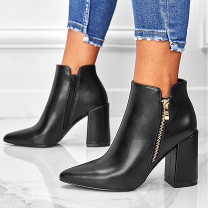 Chunky Heel Booties Pointed Toe Side Zip Ankle Boots