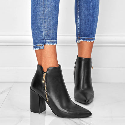 Chunky Heel Booties Pointed Toe Side Zip Ankle Boots