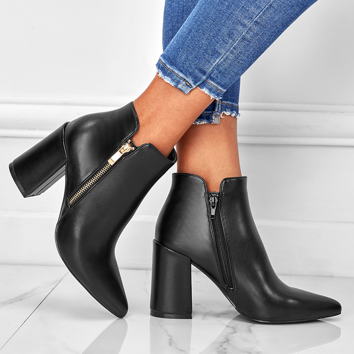 Chunky Heel Booties Pointed Toe Side Zip Ankle Boots