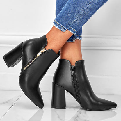 Chunky Heel Booties Pointed Toe Side Zip Ankle Boots