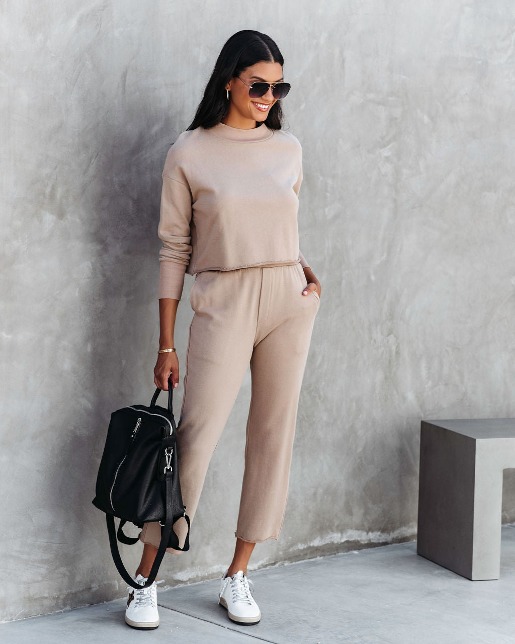 Airport Glam Cotton Mock Neck Long Sleeve Top - Camel