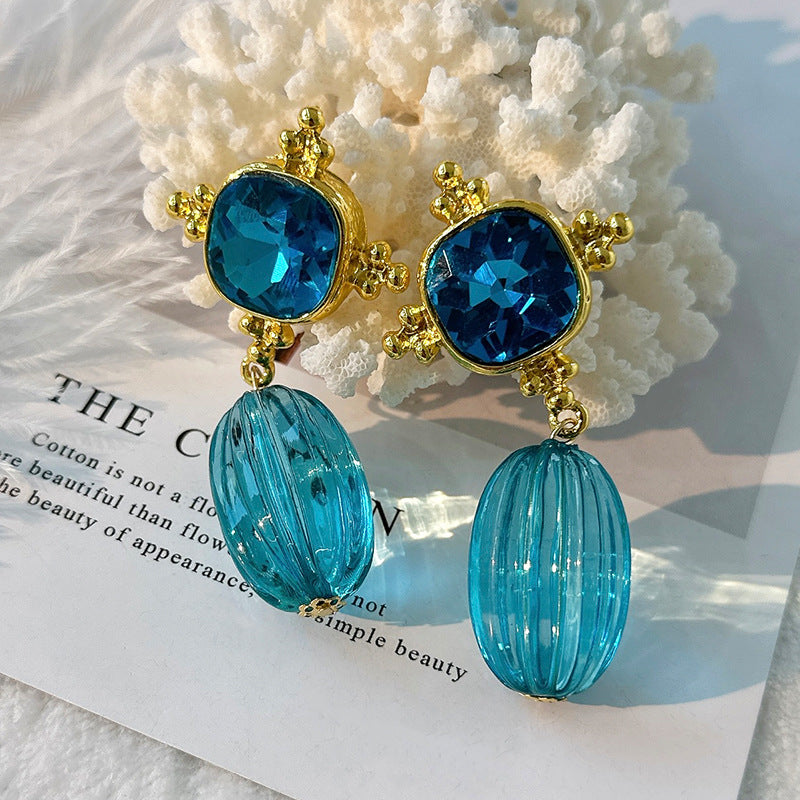 Retro Blue Geometric Crystal Pendant Earrings
