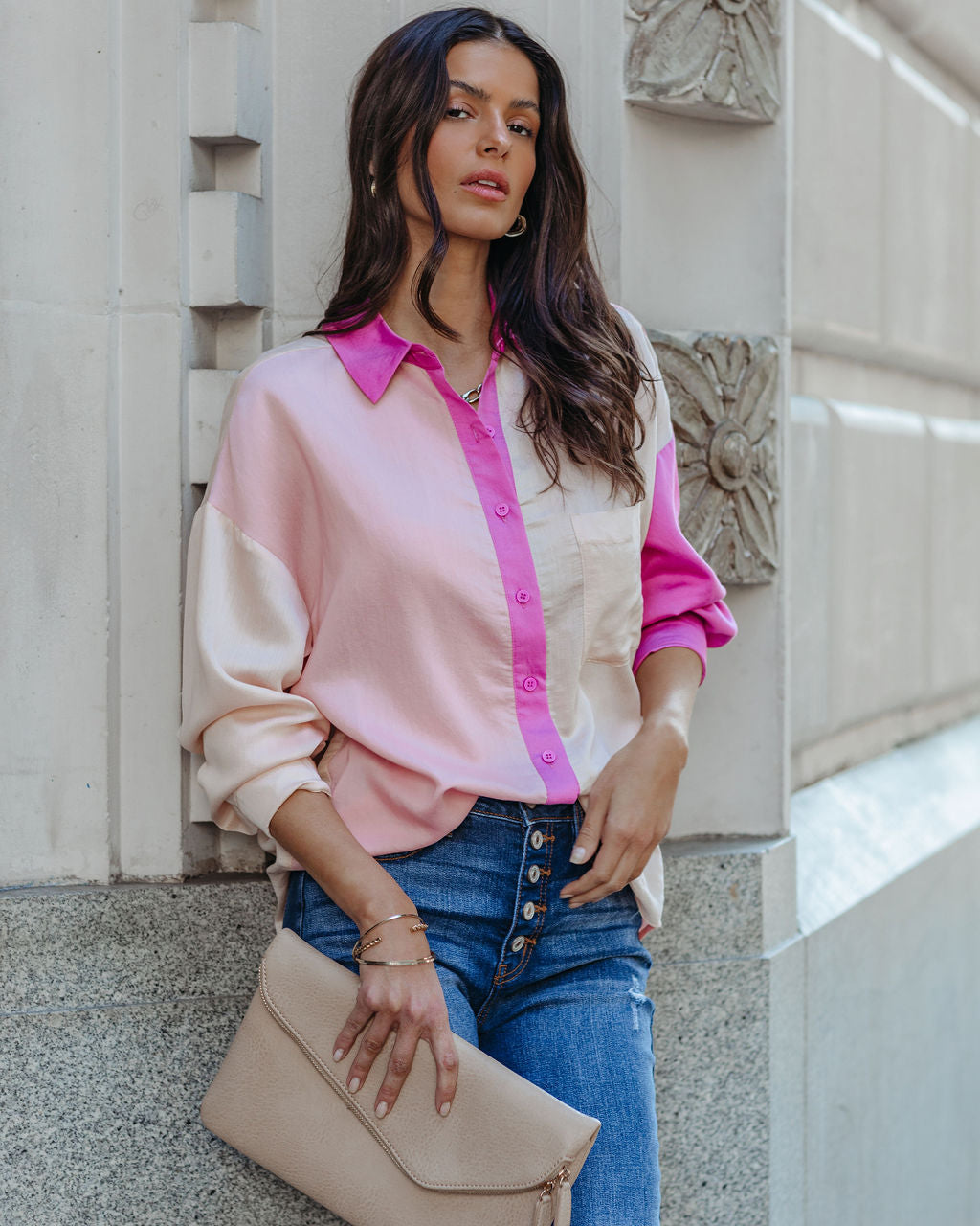 Belden Colorblock Button Down Top - Pink Multi