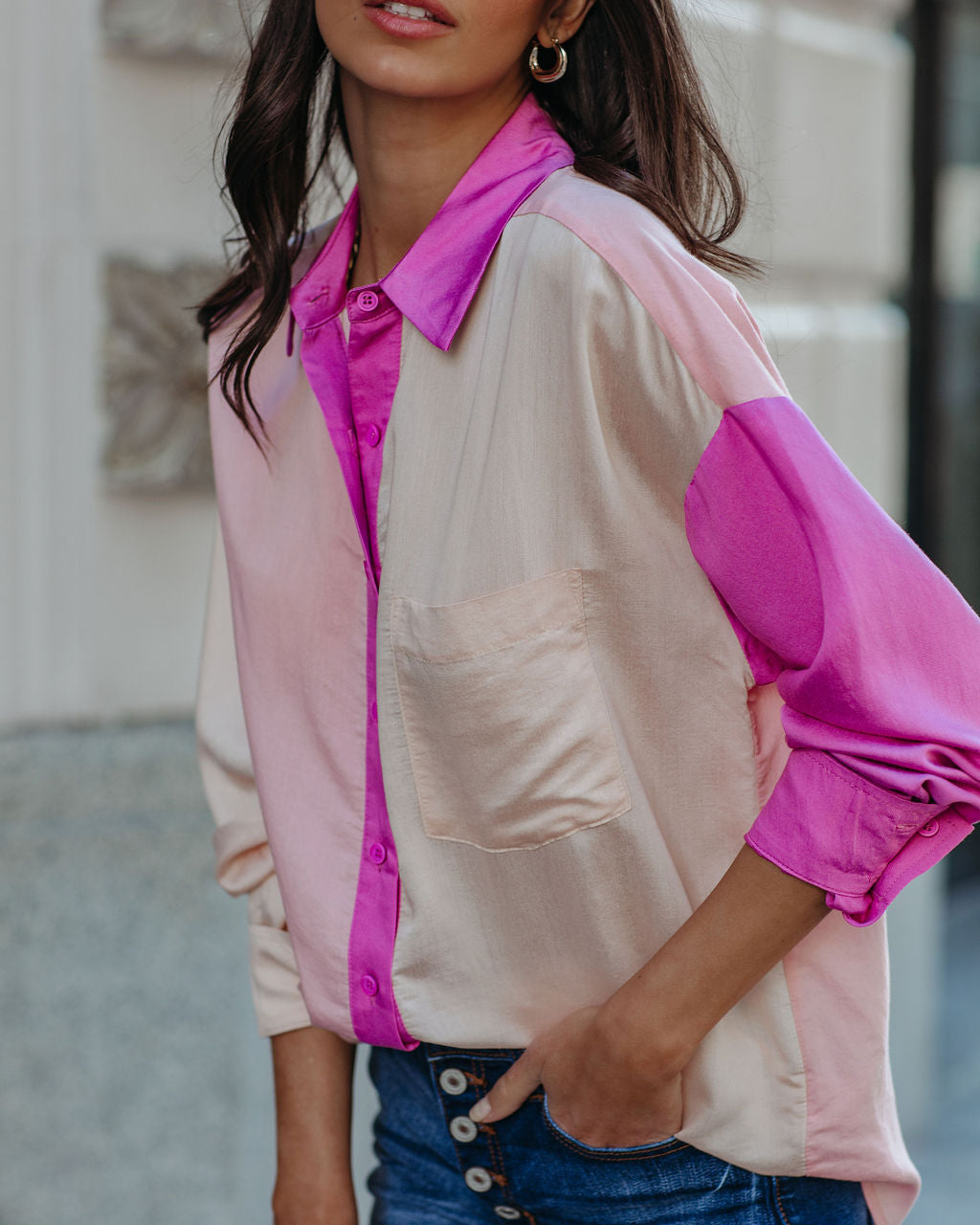 Belden Colorblock Button Down Top - Pink Multi