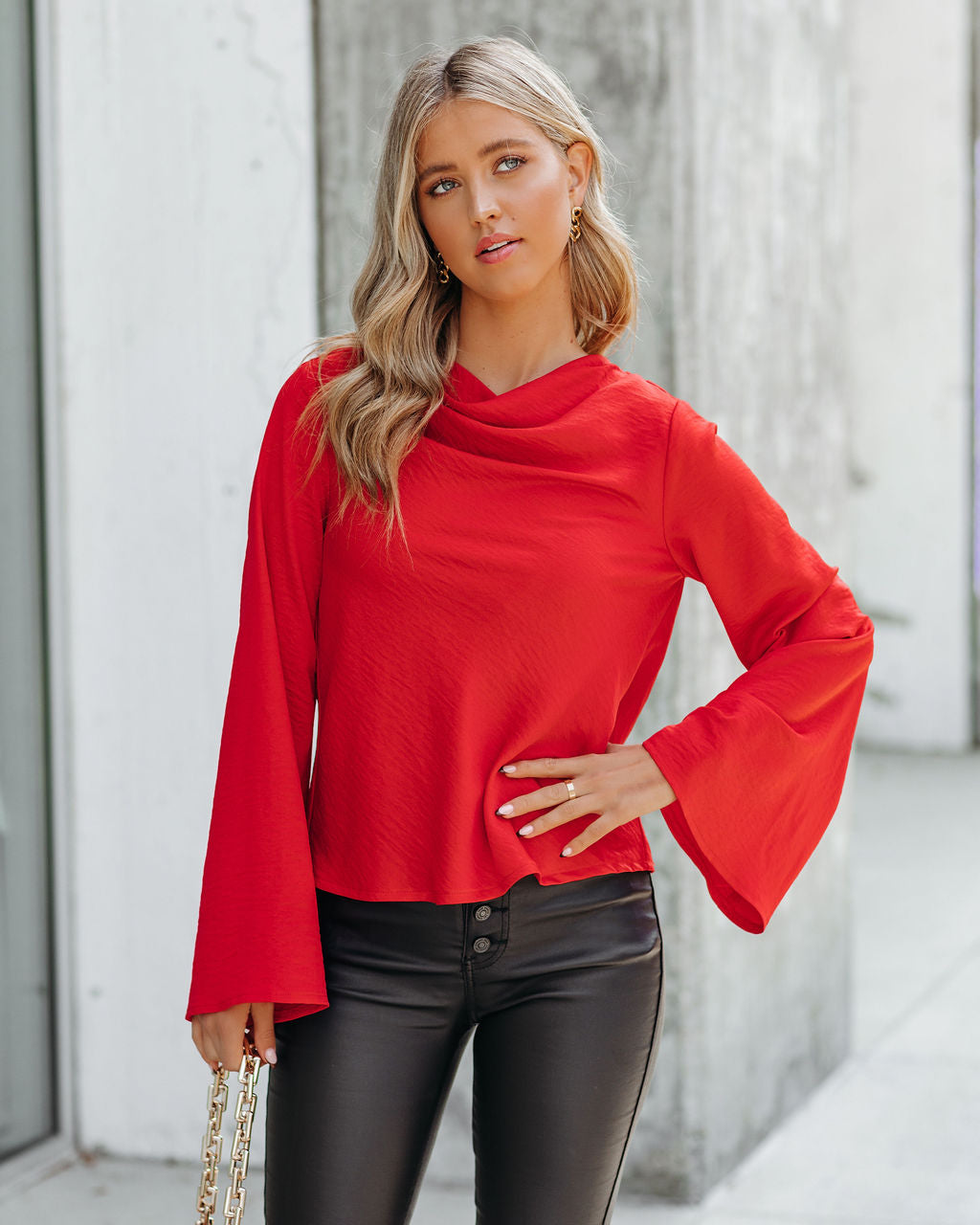 Booked Solid Satin Cowl Neck Blouse - Red
