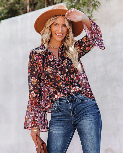 Brookings Floral Shimmer Bell Sleeve Blouse