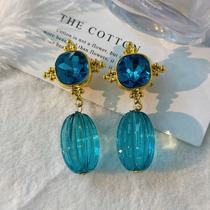 Retro Blue Geometric Crystal Pendant Earrings