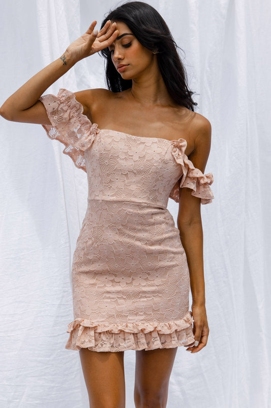 Verona Off-Shoulder Lace Overlay Mini Dress Blush