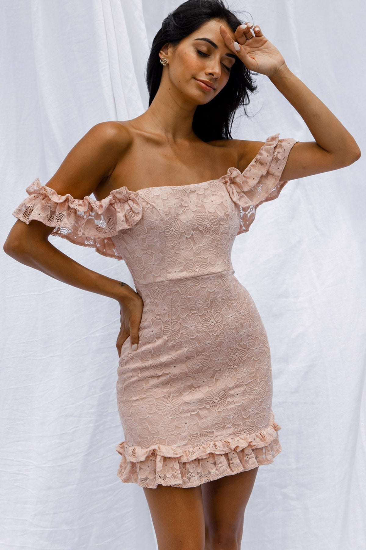 Verona Off-Shoulder Lace Overlay Mini Dress Blush