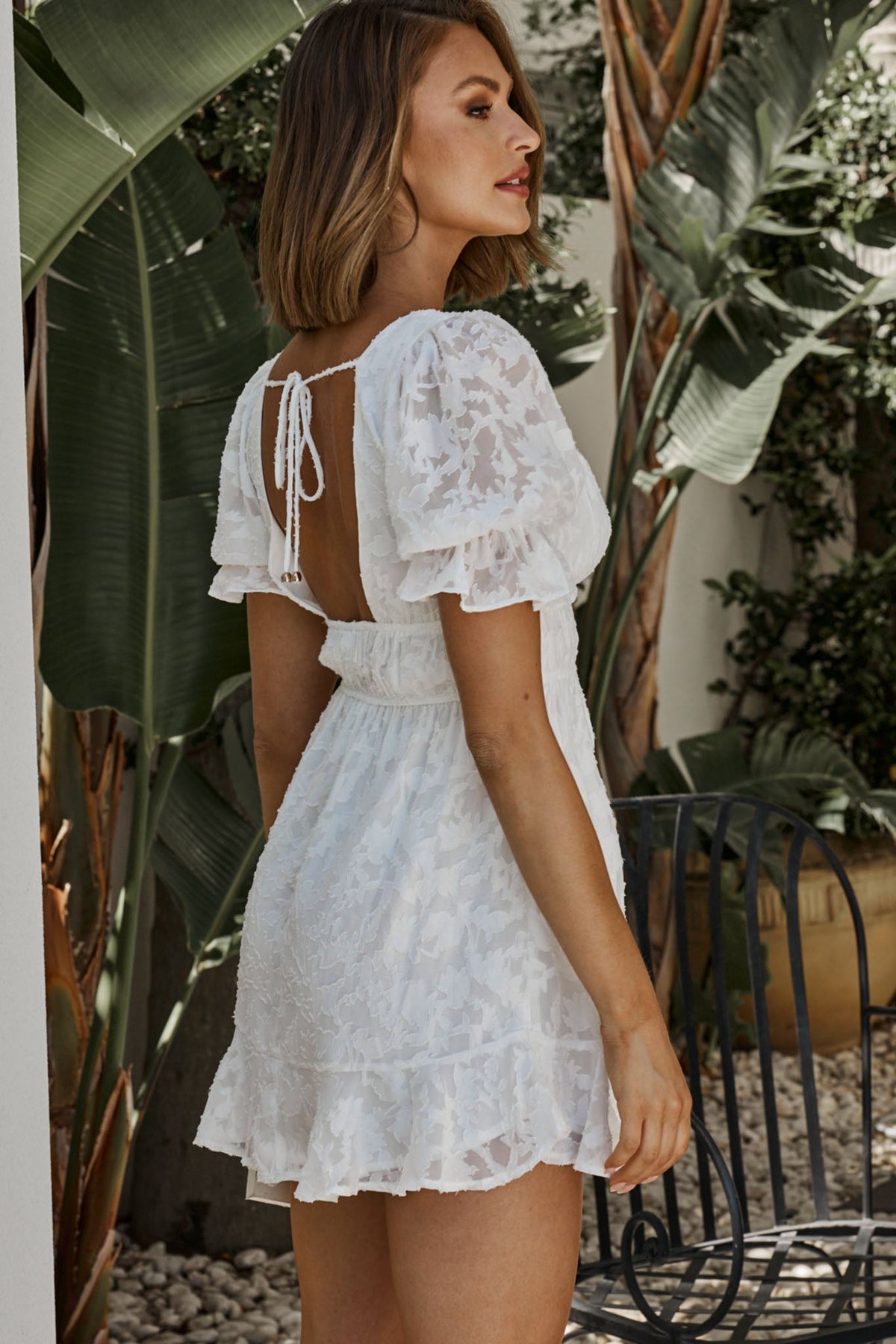 Lilibet Puff Sleeve Elasticated Waist Textured Dress White