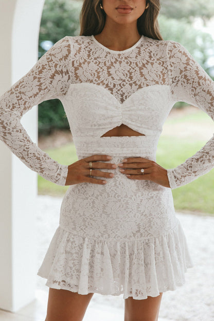 Hearts Aflutter Long Sleeve Open Back Lace Mini Dress White