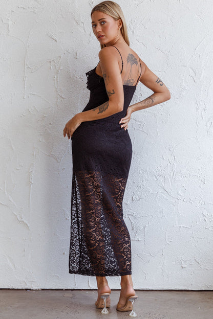Evaleigh Frill Trim Lace Midi Dress Black