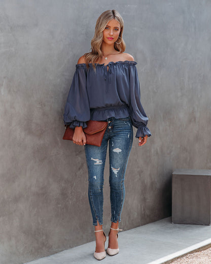 Caydence Chiffon Off The Shoulder Blouse - Dusty Blue