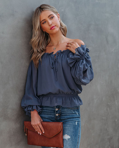 Caydence Chiffon Off The Shoulder Blouse - Dusty Blue