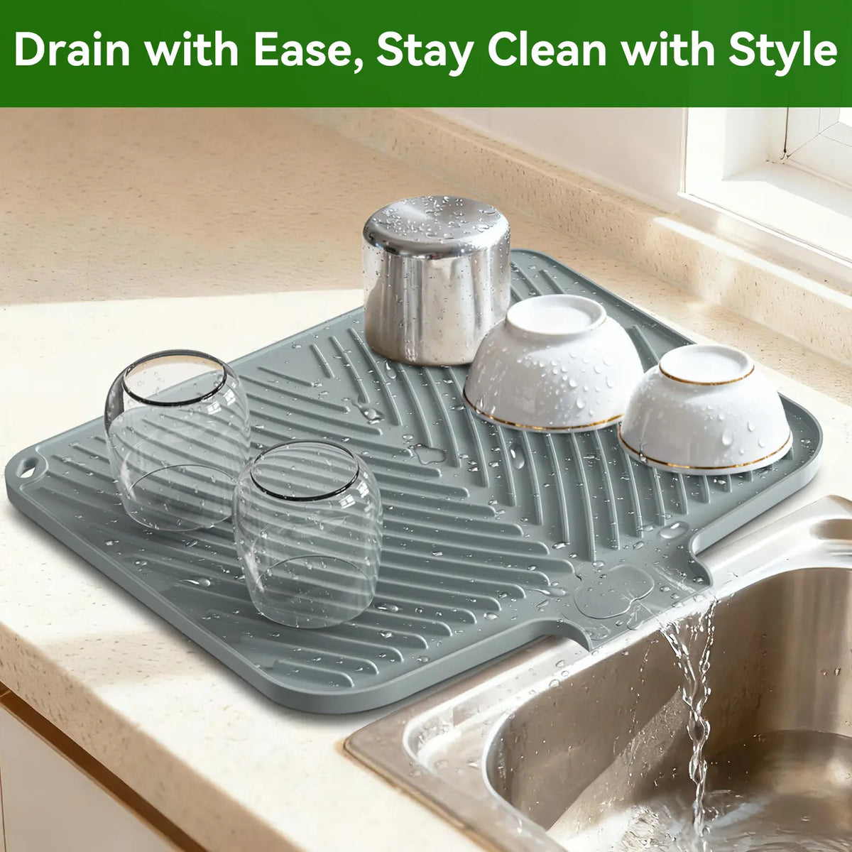 Quick Dry Dish Drying Mat with Built In Drain, Heat Resistant Non Slip Kitchen Counter Mat