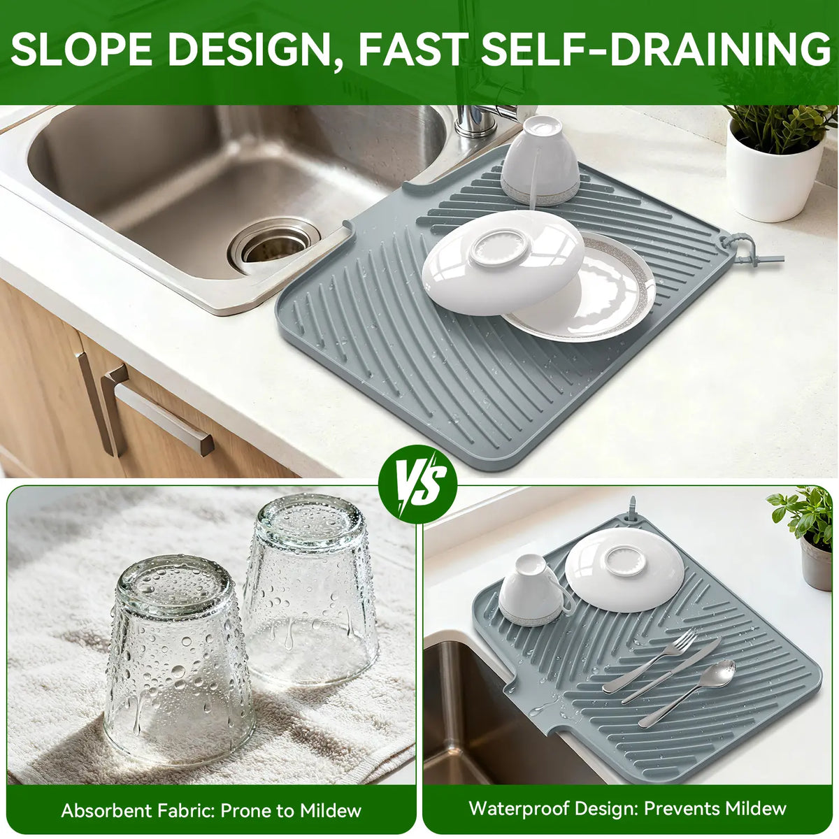 Quick Dry Dish Drying Mat with Built In Drain, Heat Resistant Non Slip Kitchen Counter Mat