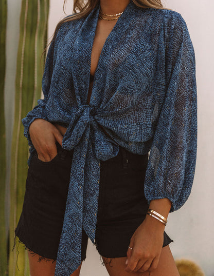 Dream In Color Open Front Metallic Tie Top - Navy