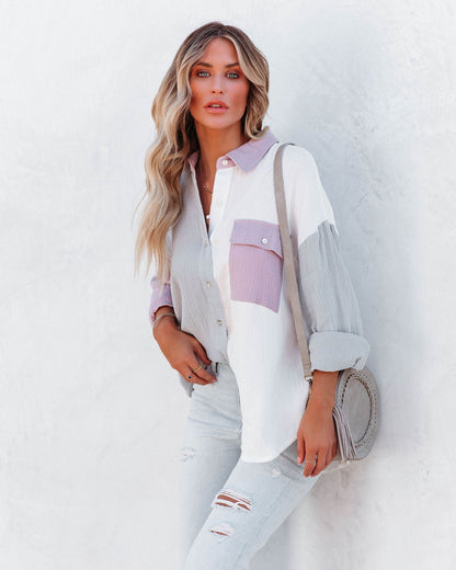 Dren Cotton Colorblock Button Down Top - Dusty Blue Combo