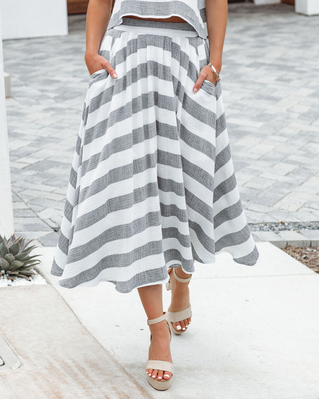 Drifted Cotton Pocketed Striped Midi Skirt