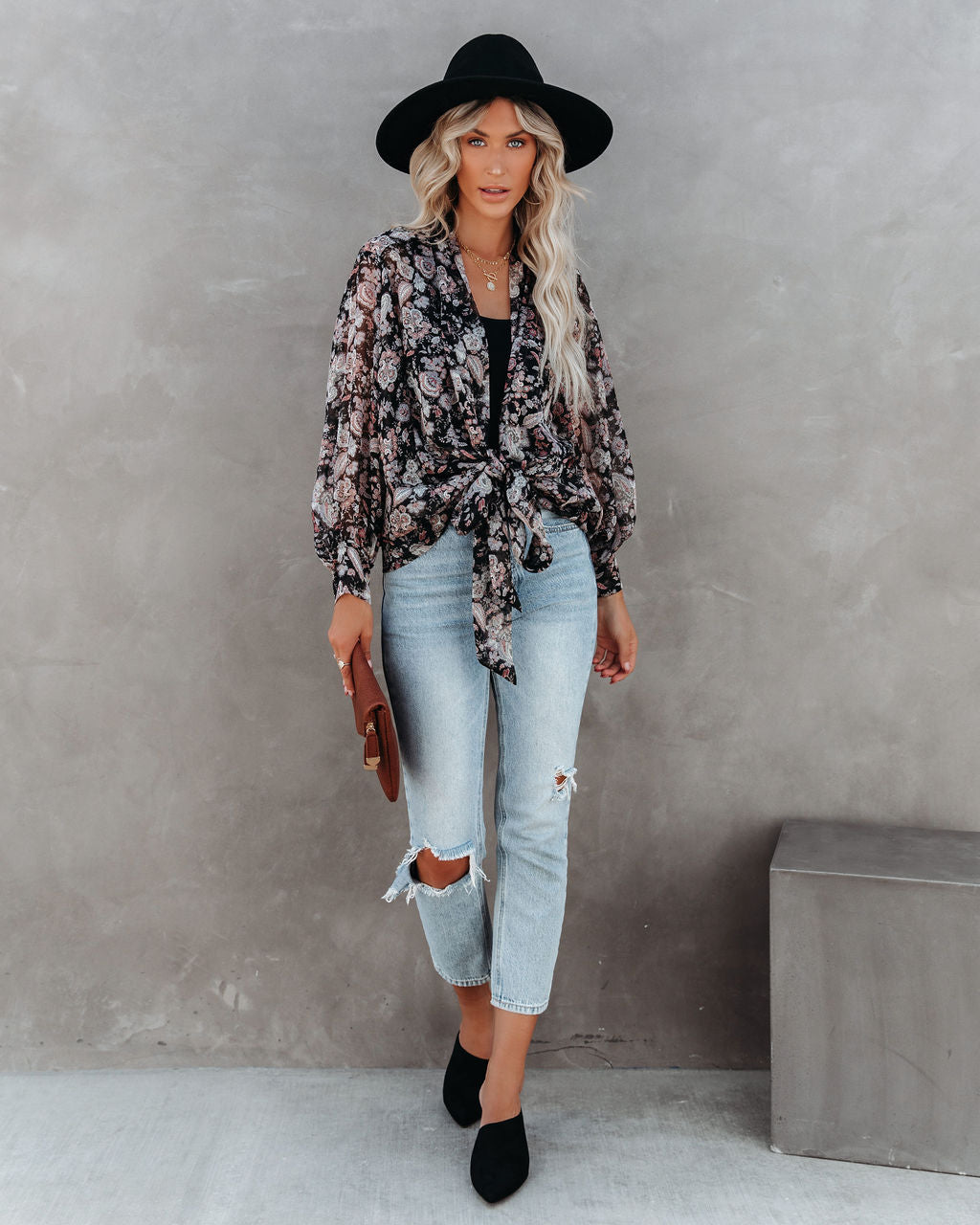 Drop Everything Printed Chiffon Tie Top
