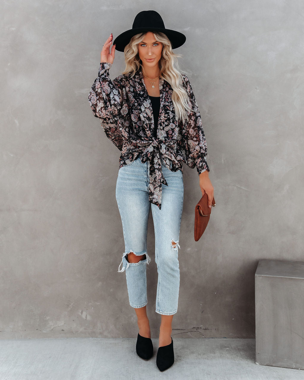 Drop Everything Printed Chiffon Tie Top