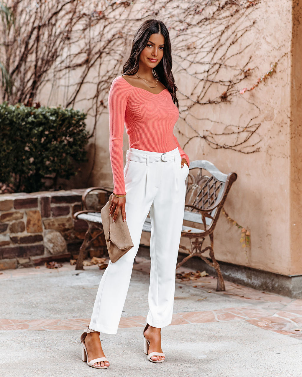 Emily Long Sleeve Ribbed Knit Top - Coral