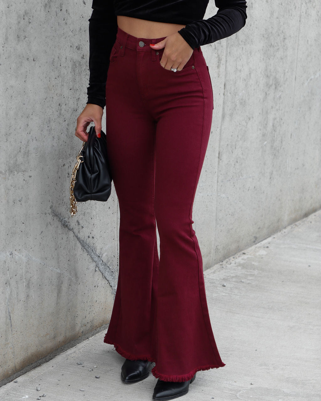 Barker High Rise Stretch Frayed Flare Jeans - Wine