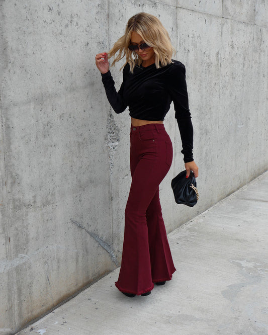 Barker High Rise Stretch Frayed Flare Jeans - Wine