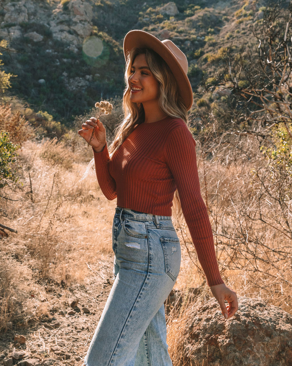 Faye Cropped Ribbed Knit Top - Brick