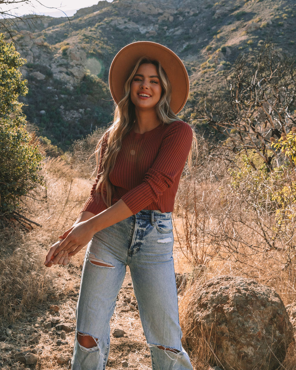 Faye Cropped Ribbed Knit Top - Brick