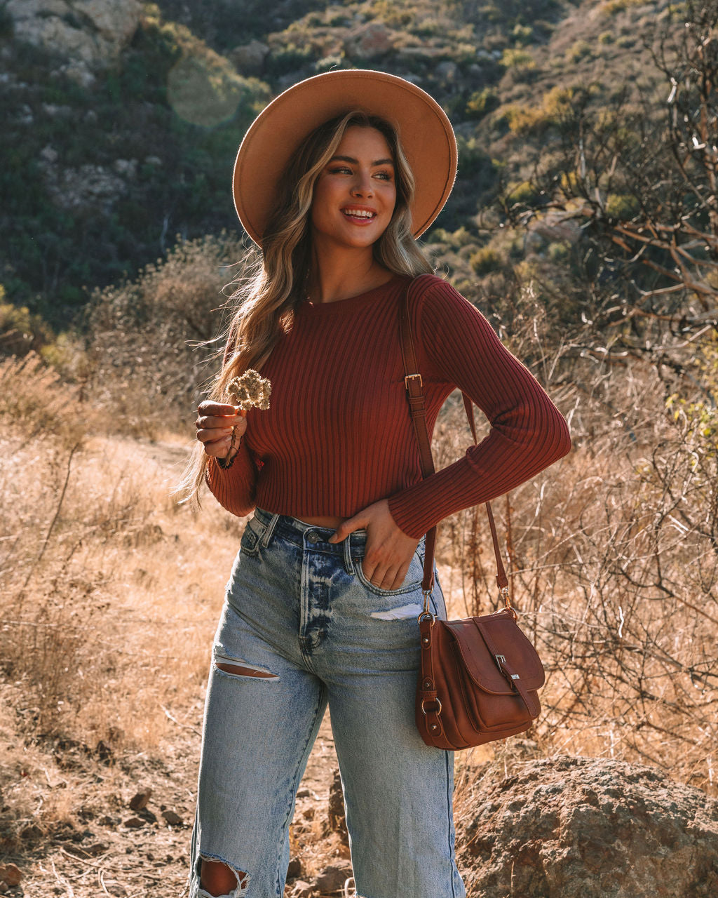Faye Cropped Ribbed Knit Top - Brick