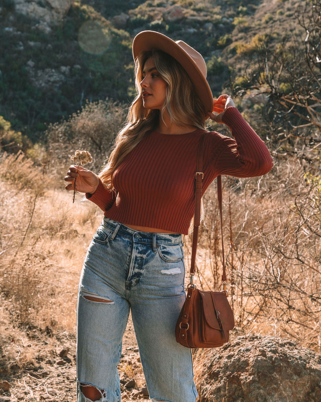 Faye Cropped Ribbed Knit Top - Brick
