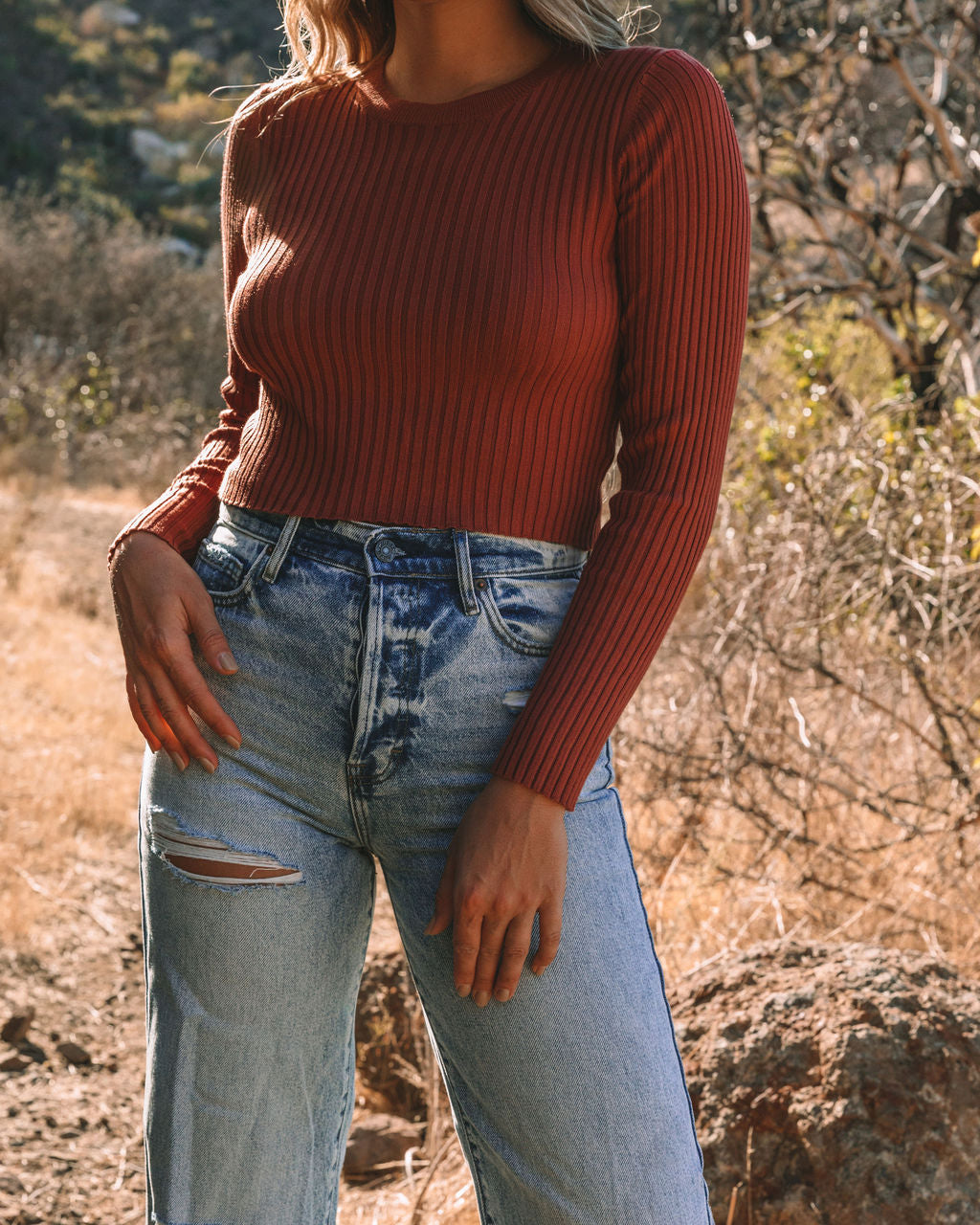 Faye Cropped Ribbed Knit Top - Brick