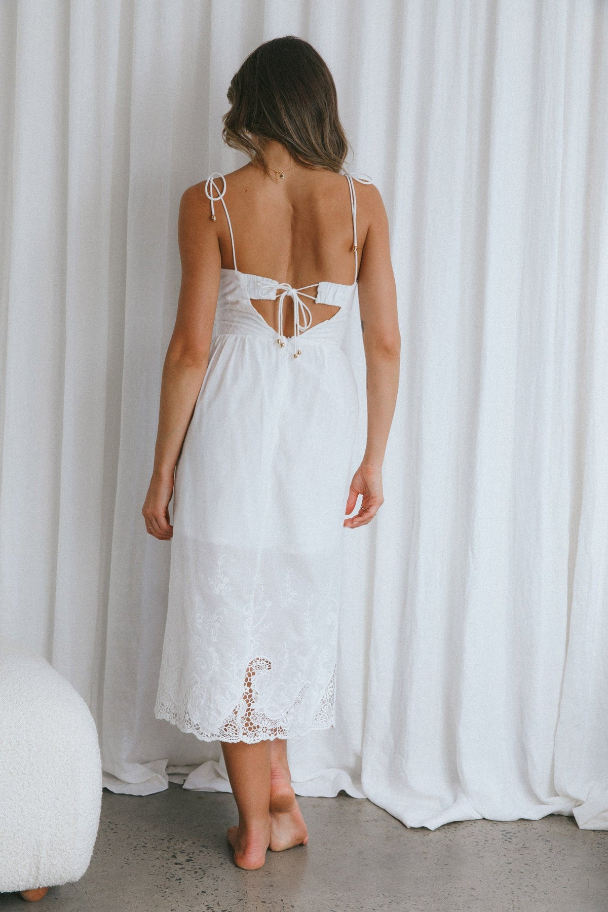 Lovers Lane Lace Trim Tied Strap Midi Dress White