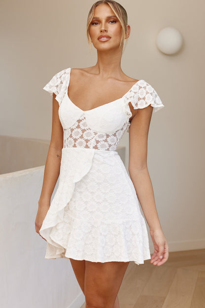 Secret Crush Flutter Sleeve Floral Lace Ruffle Hem Dress White