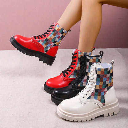 Colorful Plaid British Style Lace-Up Boots