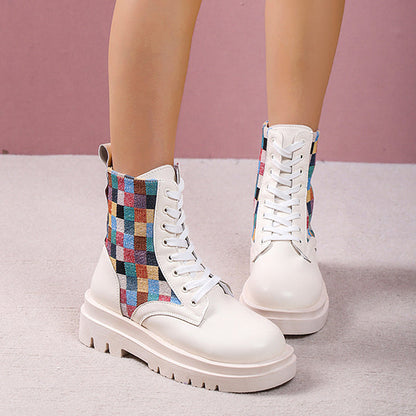 Colorful Plaid British Style Lace-Up Boots