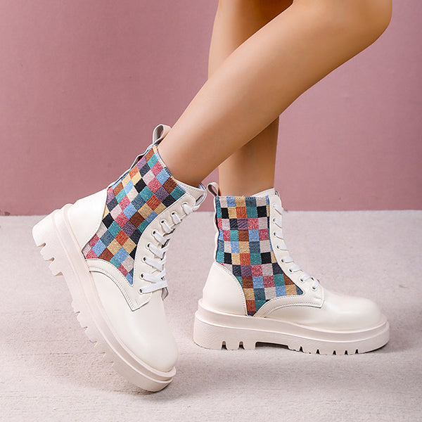 Colorful Plaid British Style Lace-Up Boots
