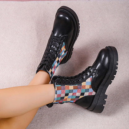 Colorful Plaid British Style Lace-Up Boots