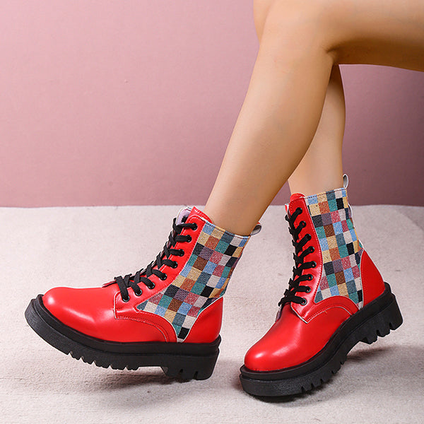 Colorful Plaid British Style Lace-Up Boots