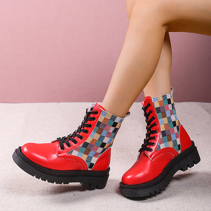 Colorful Plaid British Style Lace-Up Boots