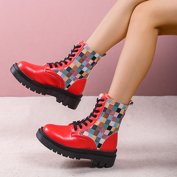 Colorful Plaid British Style Lace-Up Boots