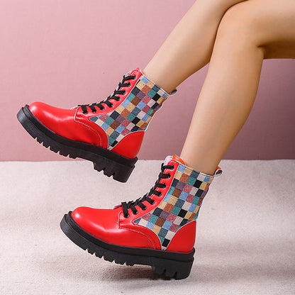 Colorful Plaid British Style Lace-Up Boots