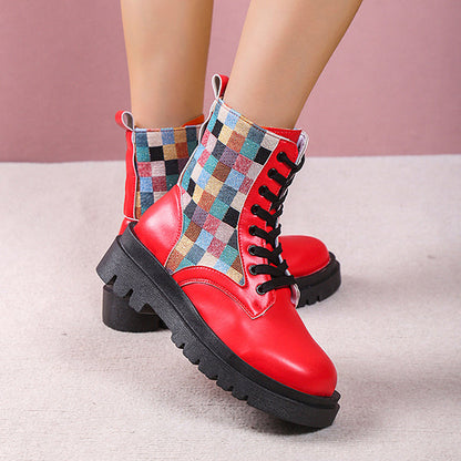 Colorful Plaid British Style Lace-Up Boots