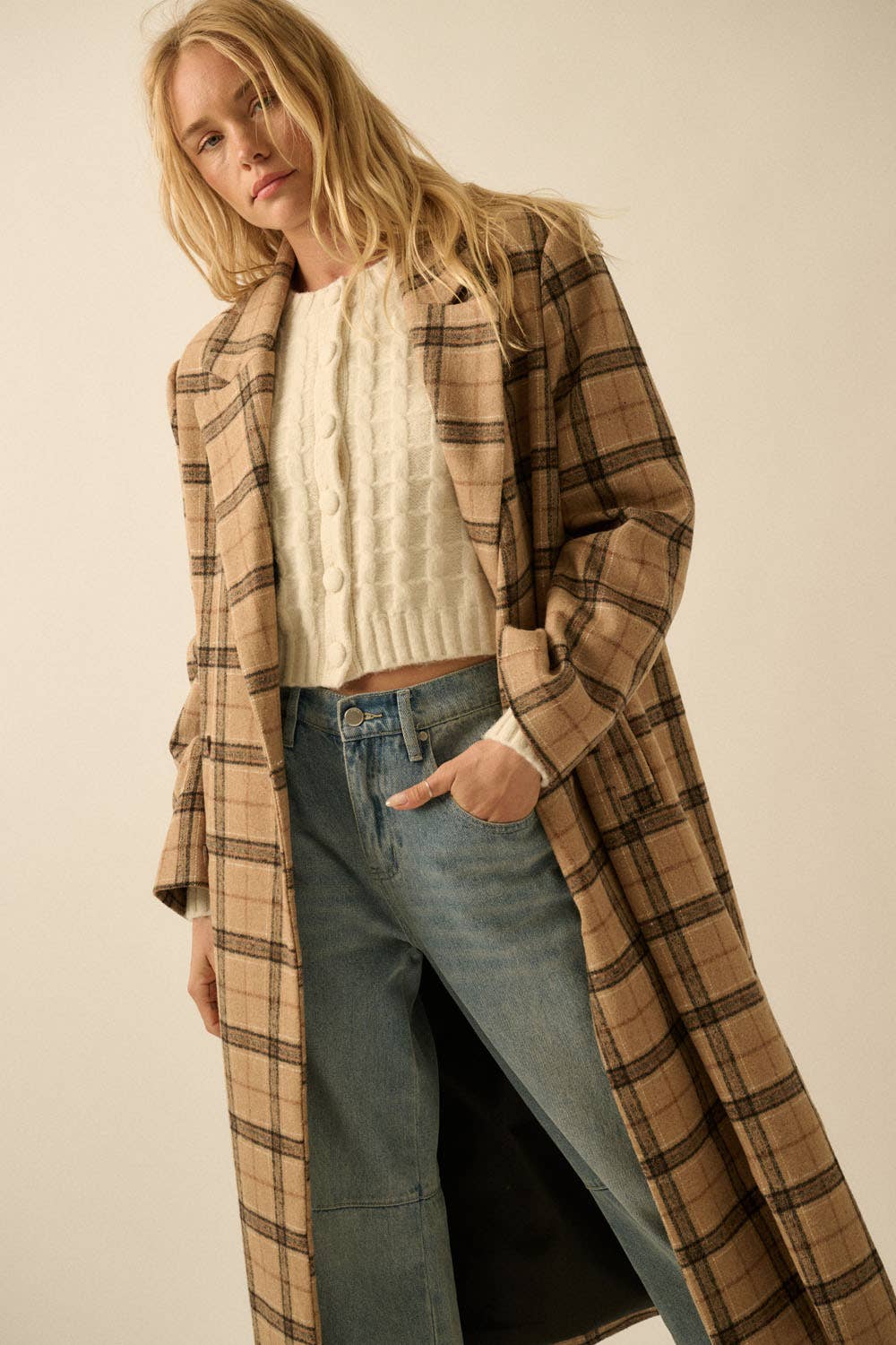 Plaid Felt Double-Breasted Calf-Length Overcoat