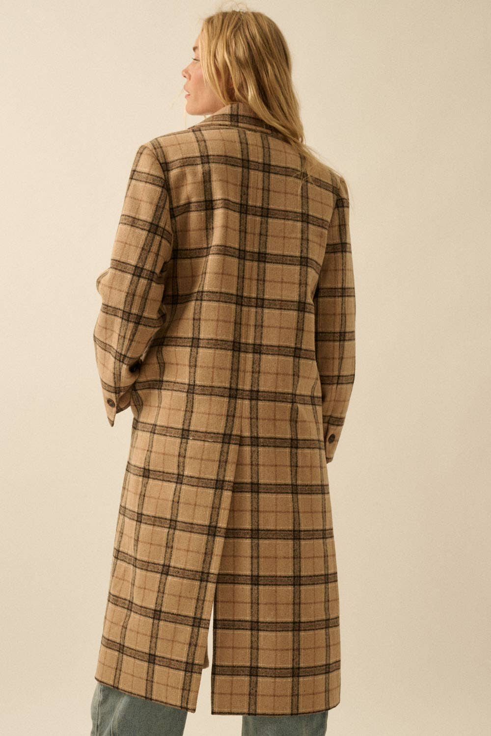 Plaid Felt Double-Breasted Calf-Length Overcoat