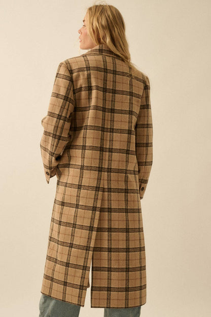 Plaid Felt Double-Breasted Calf-Length Overcoat
