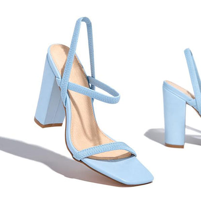 Elastic Straps Squared Toe Chunky Heels