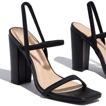 Elastic Straps Squared Toe Chunky Heels