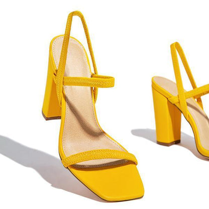 Elastic Straps Squared Toe Chunky Heels